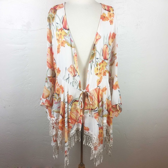 Ivory Floral Plus Size Kimono Tassel Sharkbite Hem - Picture 2 of 8
